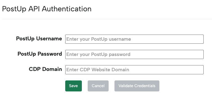 Screenshot of the PostUp authentication screen, asking for API credentials